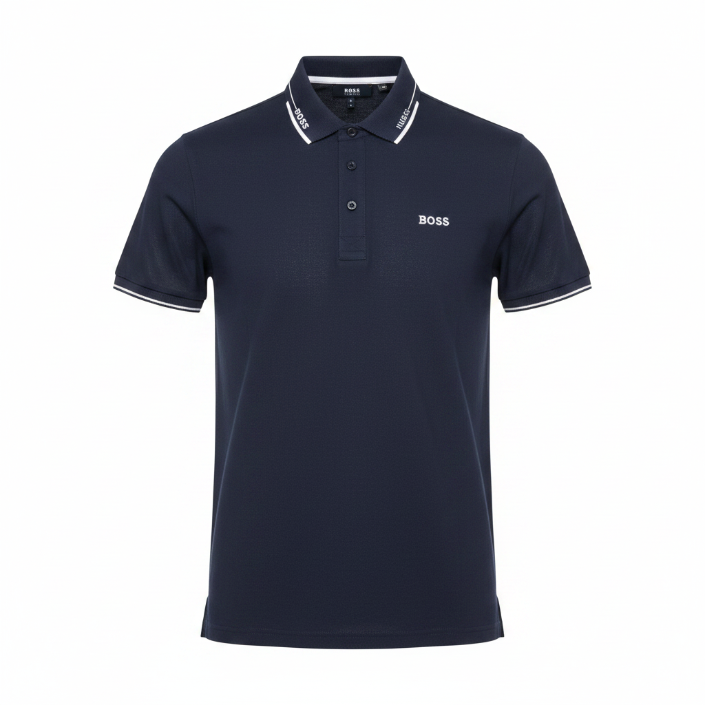 Ghost mannequin front view of navy blue contrast-tipped polo shirt