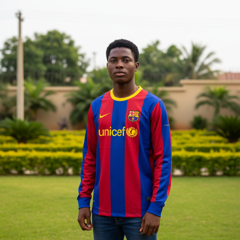Blue and red striped long-sleeve retro football jersey with yellow collar — Nigerian male model front view