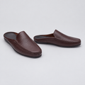 Men's brown fine grain backless mule slippers, front and side view