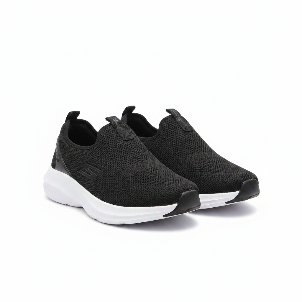 Men's black mesh slip-on sneakers with white sole ghost mannequin front view