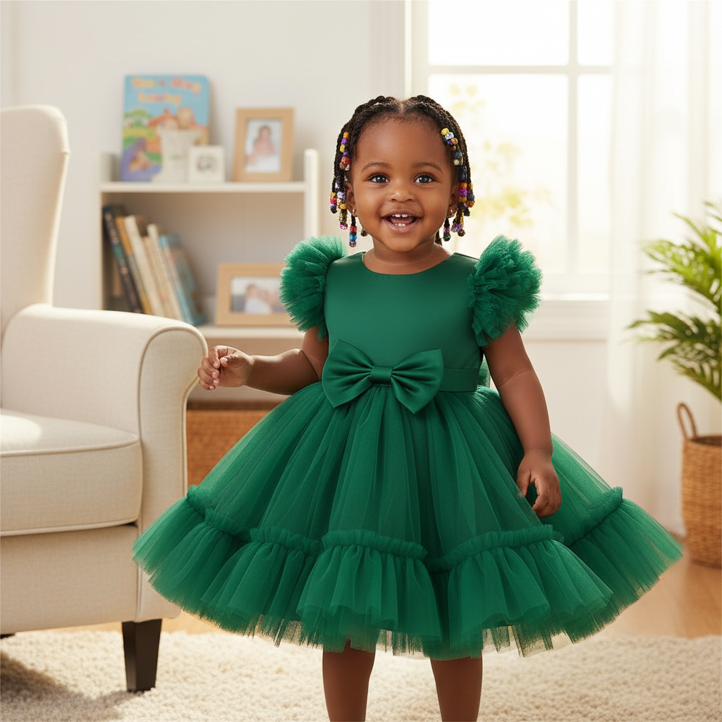 Young Nigerian baby girl wearing emerald green puff sleeve tulle dress