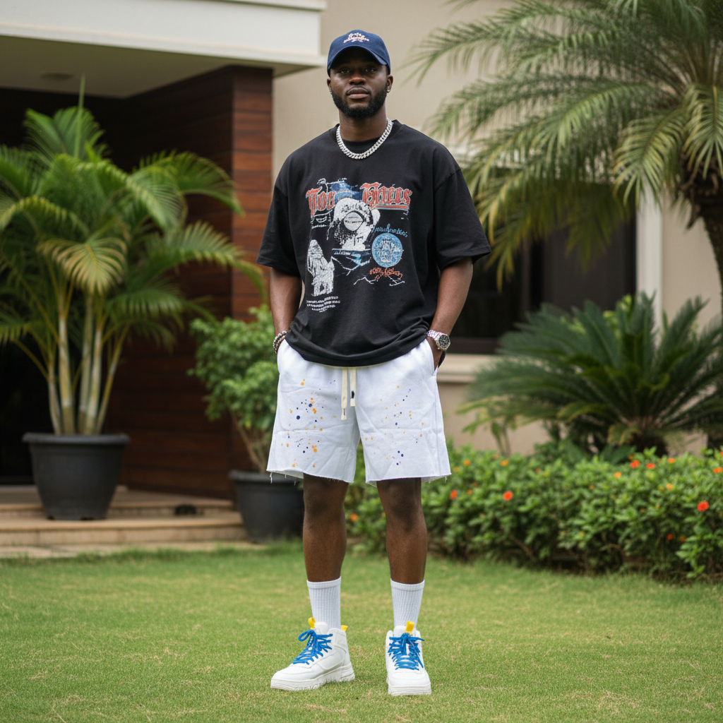 Nigerian male model wearing white paint splatter raw hem sweat shorts — full body streetwear shot