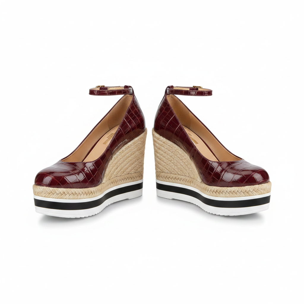 Pair of burgundy croc-embossed patent leather ankle-strap espadrille wedge pumps with striped platform sole on white background