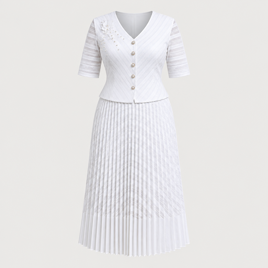 White V-neck pleated dress on invisible mannequin