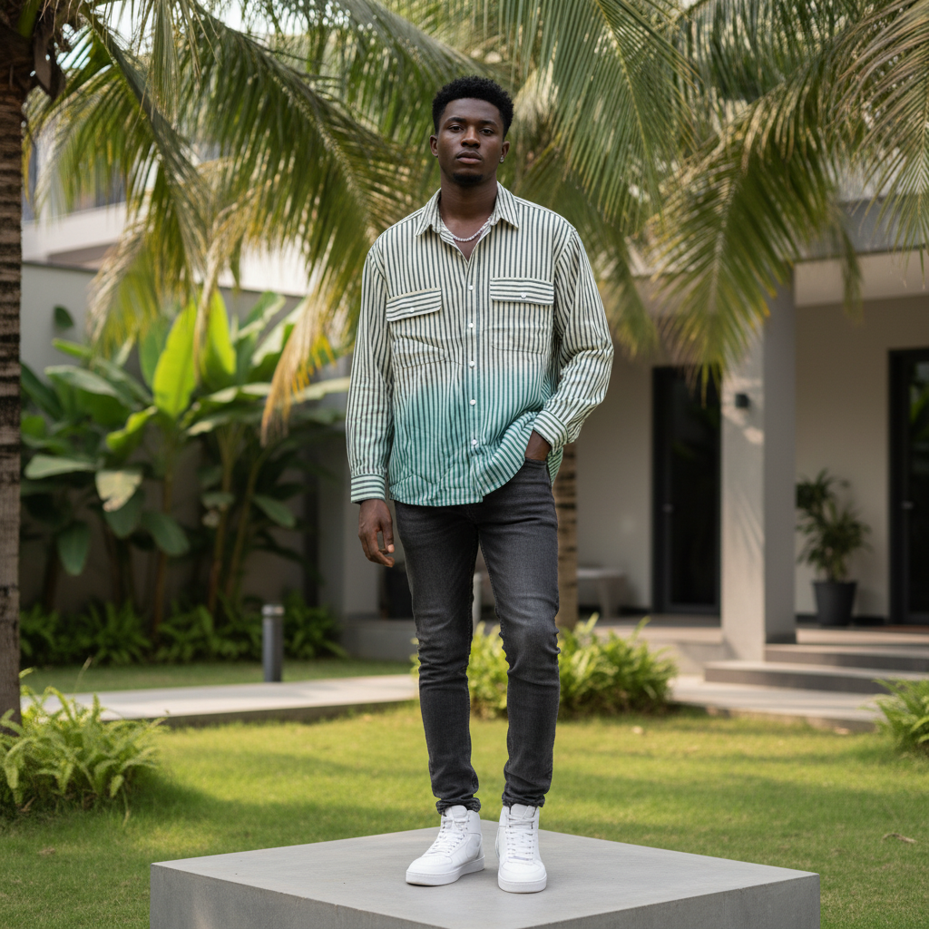 Nigerian male model wearing gradient striped mint green ombré utility shirt — full body street style