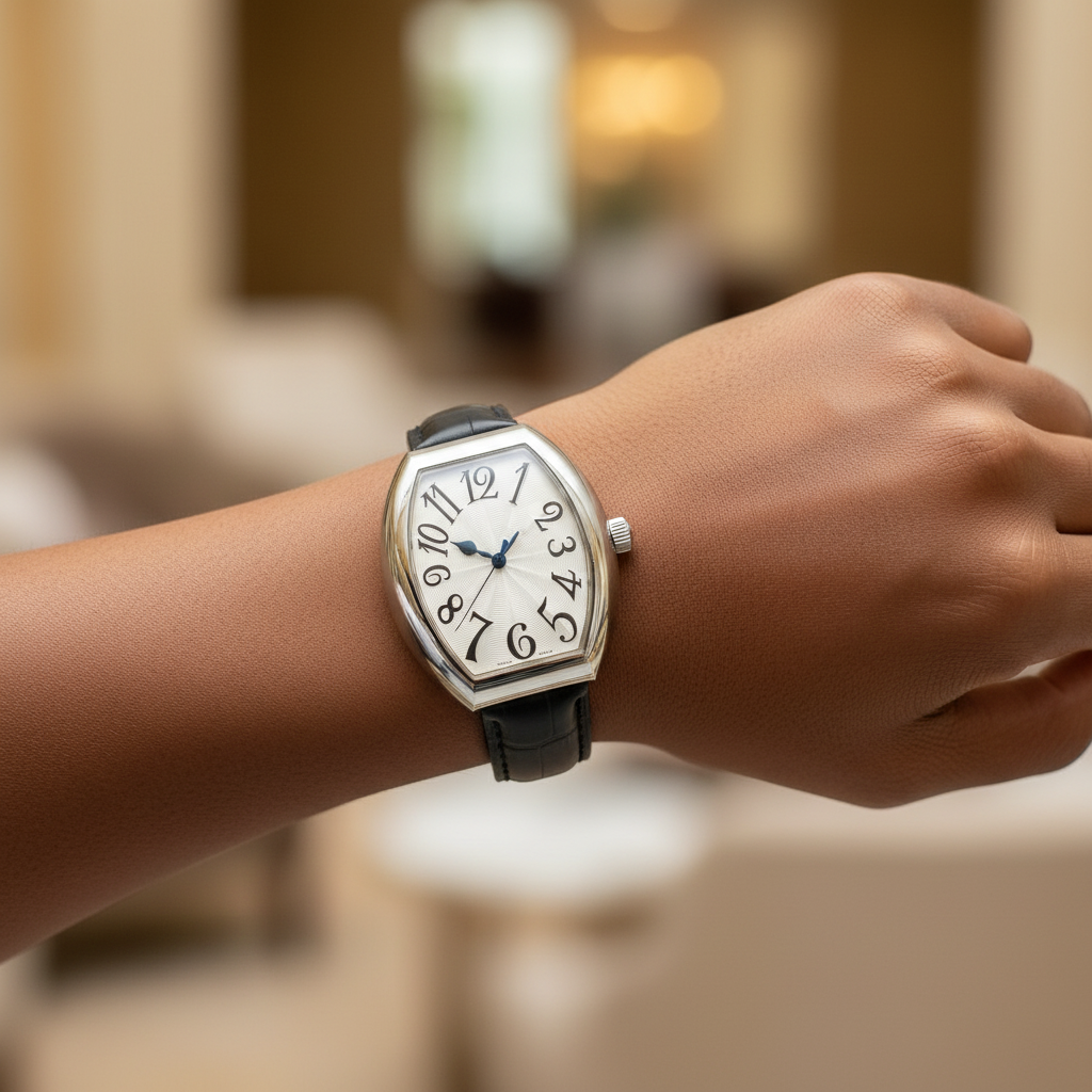 Women's silver plain bezel white guilloche dial tonneau watch worn on Nigerian model wrist — black strap lifestyle wrist shot