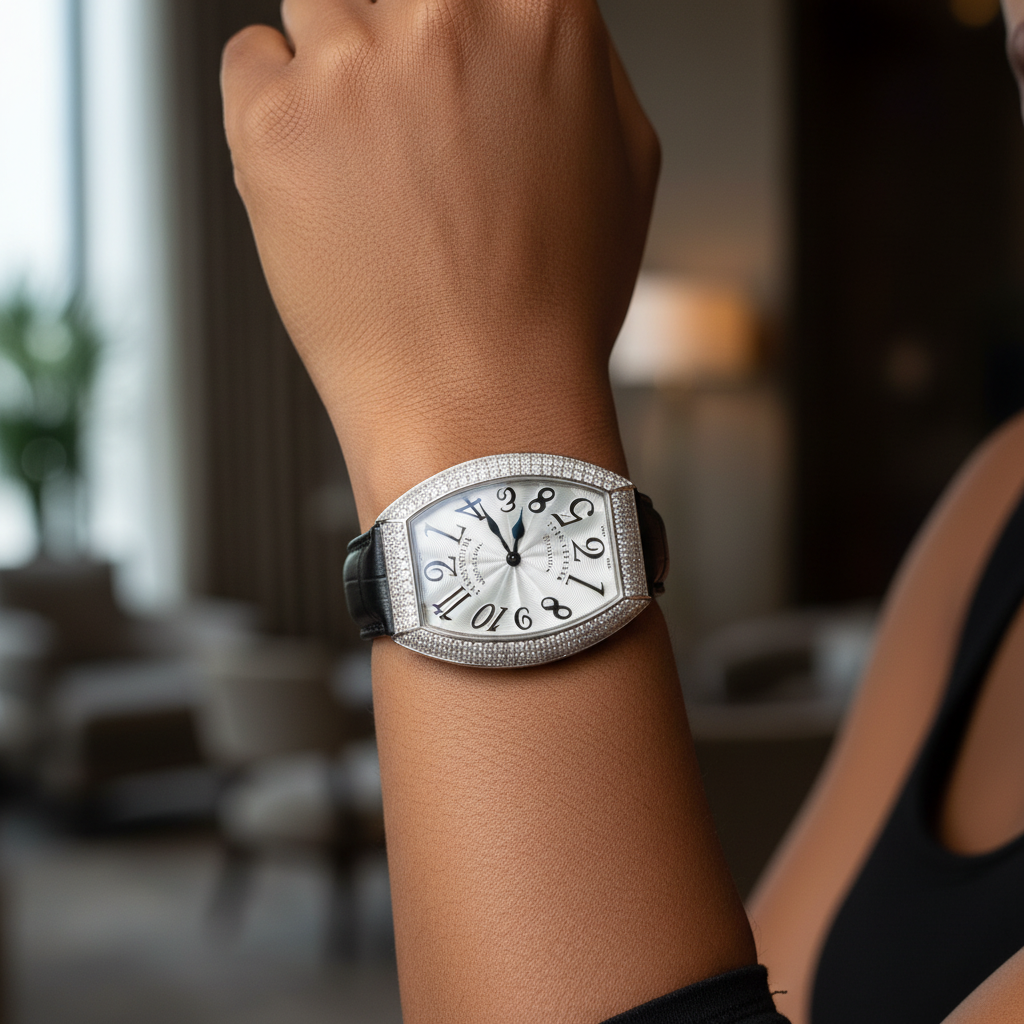 Women's silver oversized diamond bezel white dial tonneau watch worn on Nigerian model wrist — black strap lifestyle wrist shot