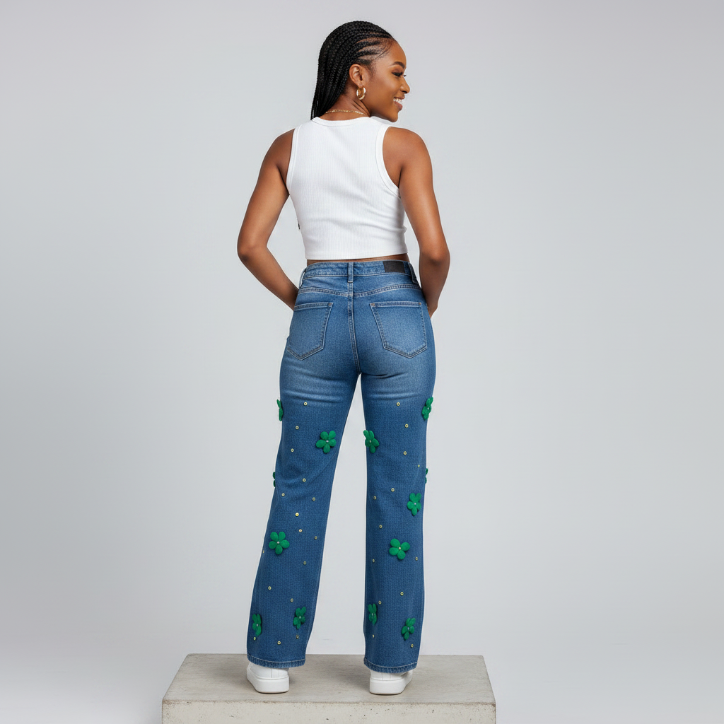 Blue Floral Appliqué Wide-Leg Jeans - Model Back View
