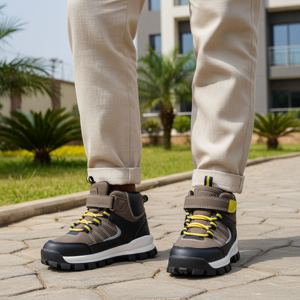 Nigerian female model wearing kids grey and yellow high-top hiking sneaker boots