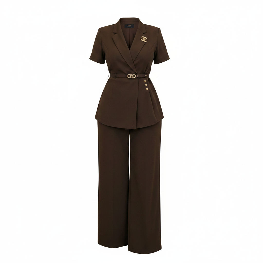 Women's short-sleeve belted blazer co-ord set in dark brown – ghost mannequin front view