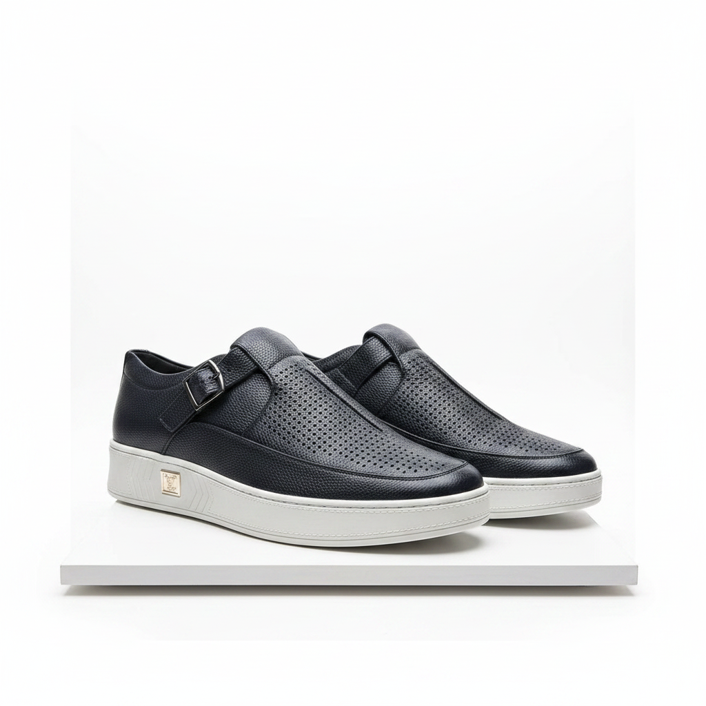 Men's navy blue pebbled leather monk-strap slip-on sneakers pair product shot