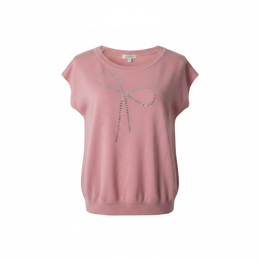 Ghost mannequin view of dusty pink rhinestone heart knit sleeveless top