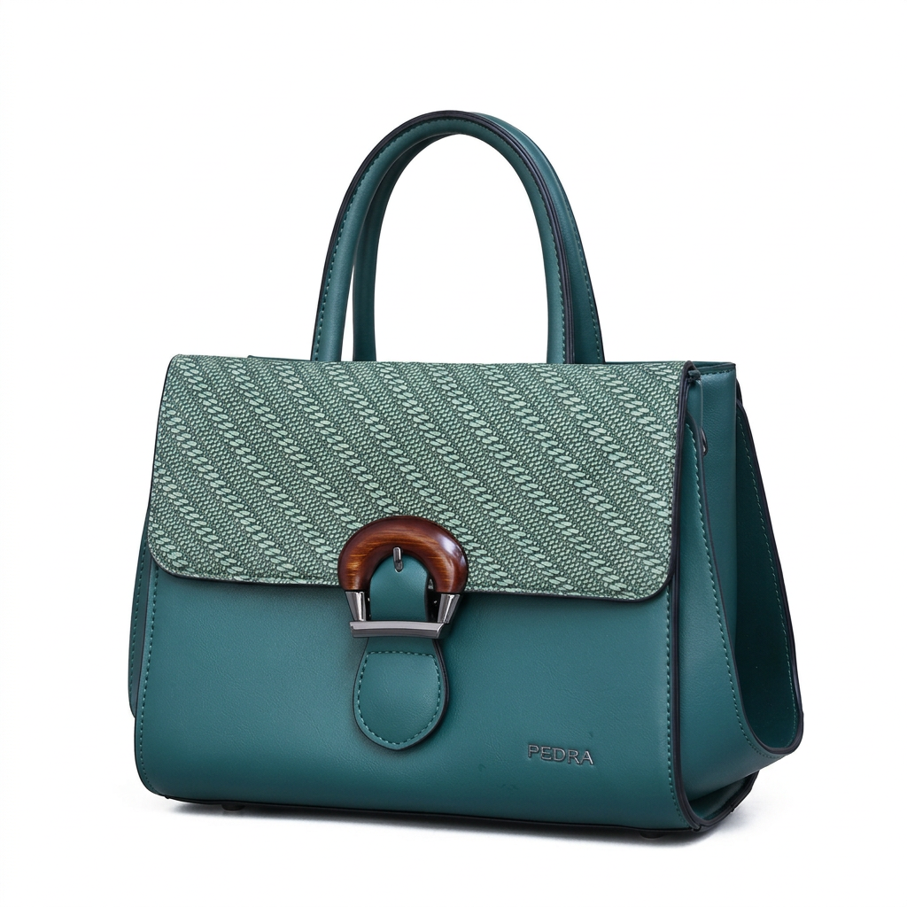 Teal patterned-flap top-handle handbag with brown clasp detail on white