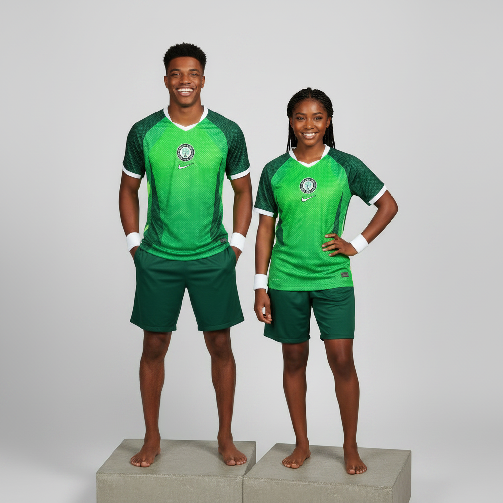 Nigerian male and female models wearing the Lime Green Home Football Jersey side by side