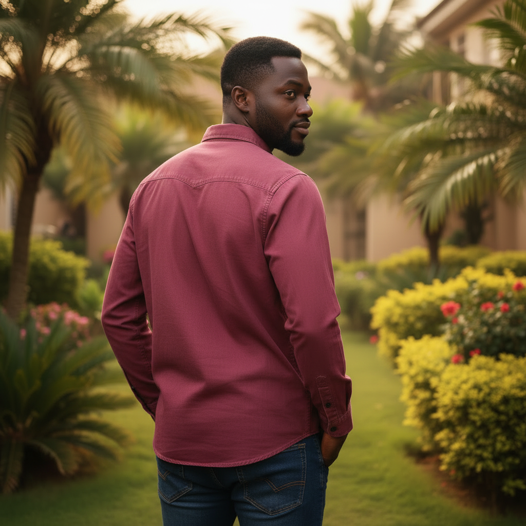 Nigerian male model wearing Burgundy Long Sleeve Shirt back view