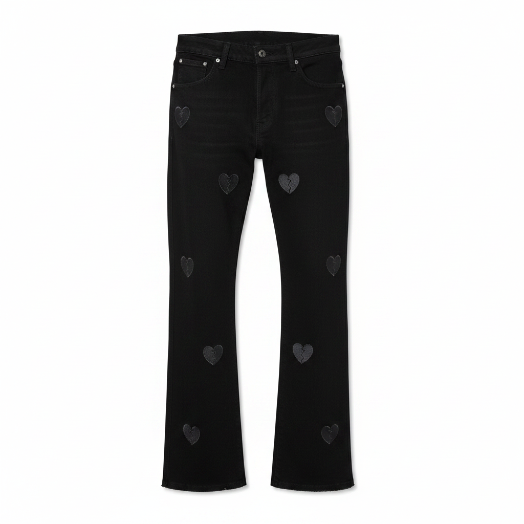 Men's Black Broken Heart Patch Flared Denim Jeans – Ghost Mannequin Front View