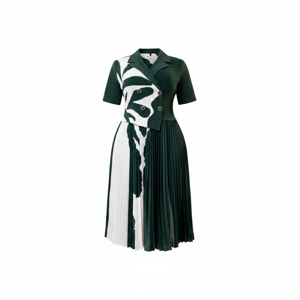 Women's Dark Green Abstract Print Pleated Midi Dress — ghost mannequin front view