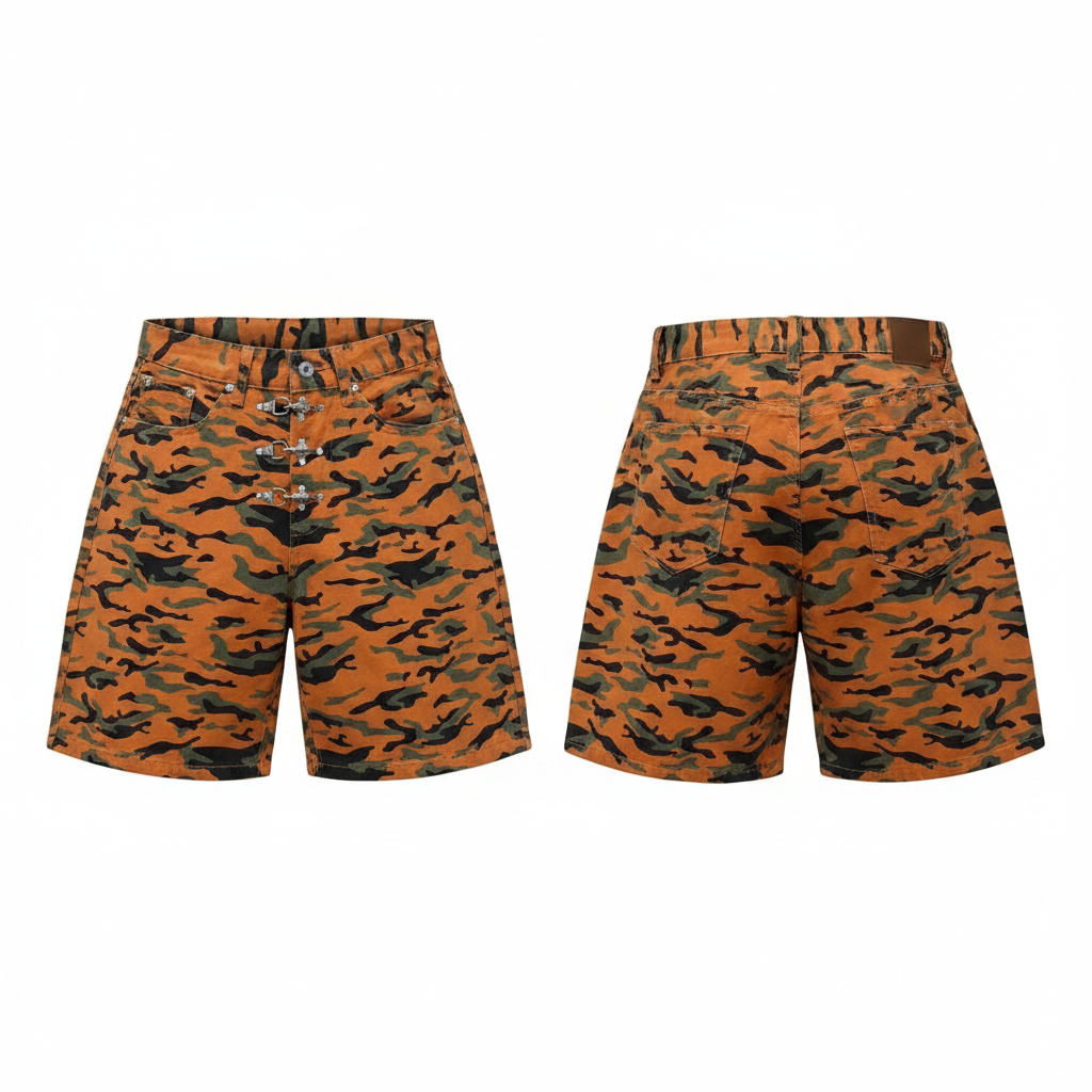 Men's orange tiger camo print triple clasp wide-leg denim shorts ghost mannequin front and back view