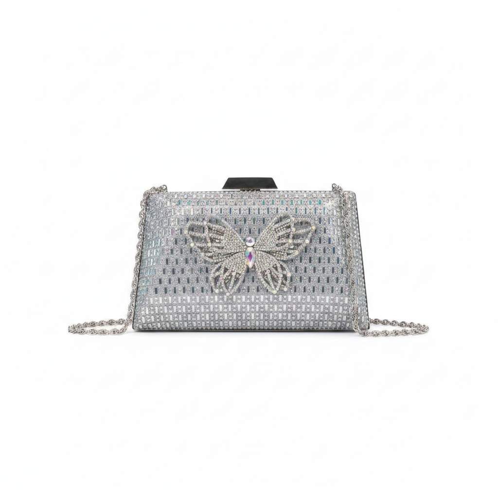 Enemuo Crystal Butterfly Rhinestone Chain Clutch – ghost mannequin view on white background