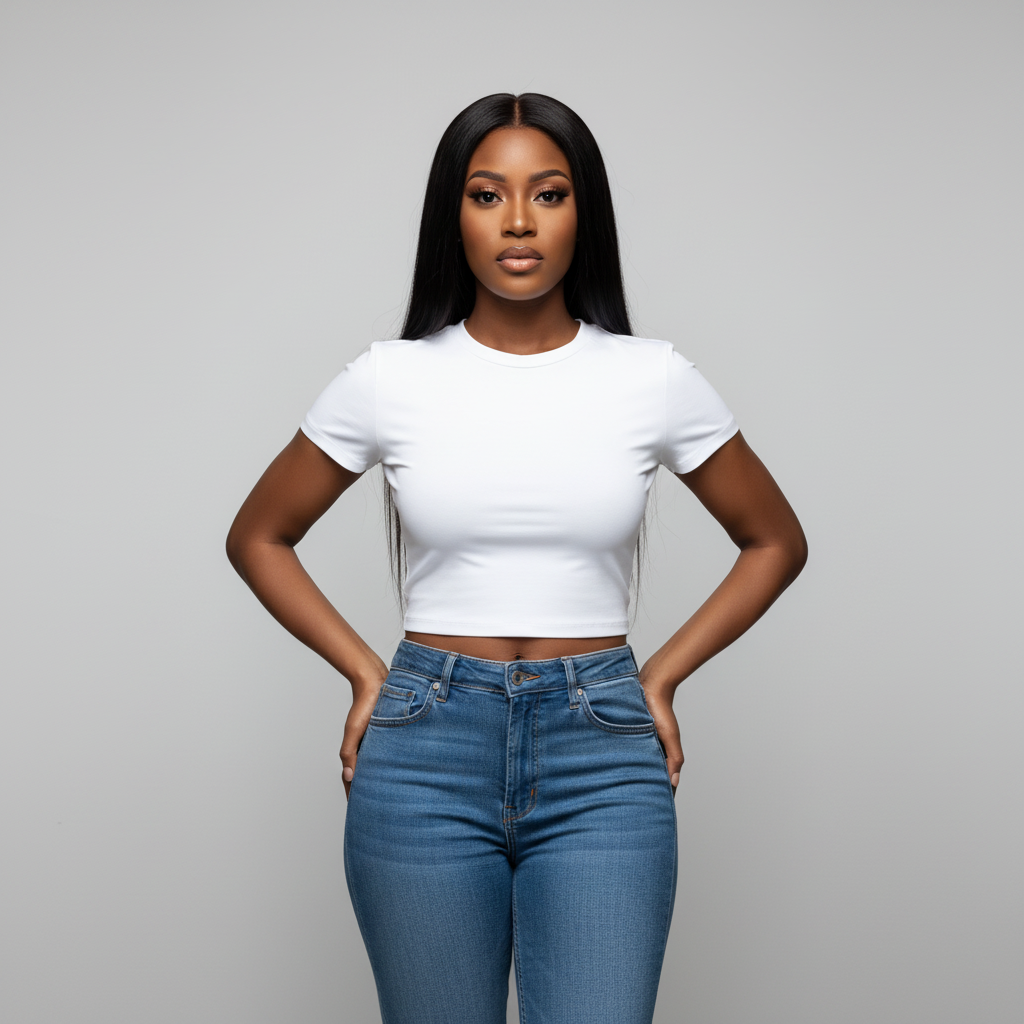 Women's Crew-Neck Short-Sleeve Fitted Crop Tee - Nigerian Female Model