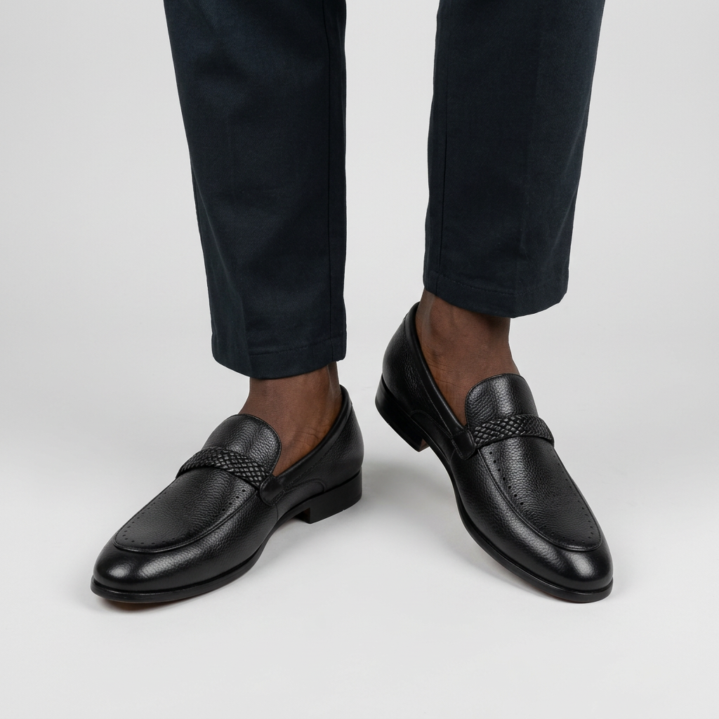 Man wearing black pebbled leather loafers with braided trim on a plain studio background