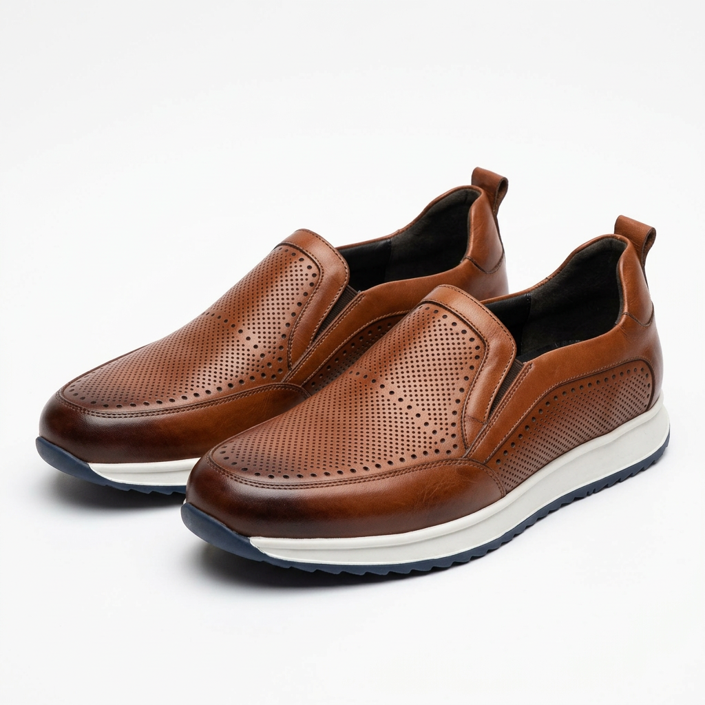 Pair of cognac perforated slip-ons with white midsoles on a white background