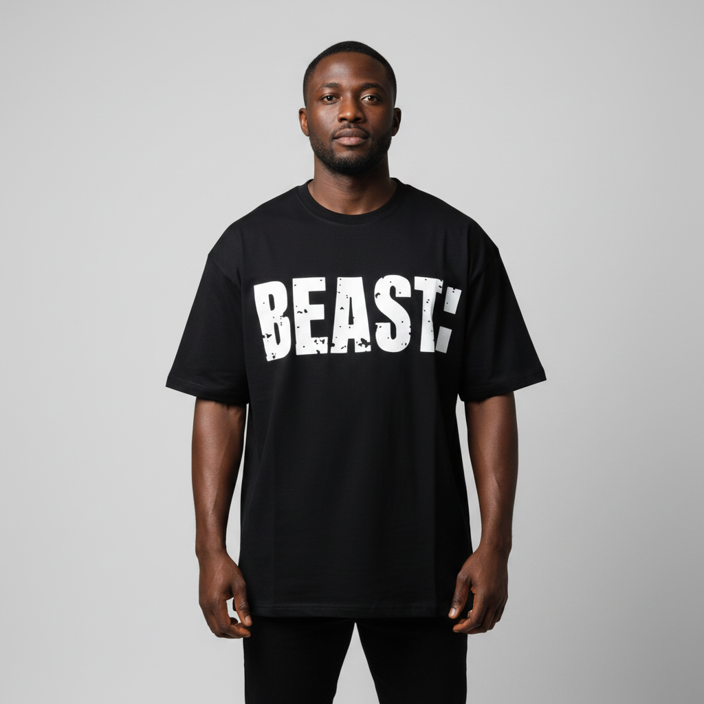 Model wearing black BEAST slogan tee