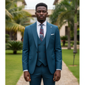 Nigerian male model wearing teal navy blue textured three-piece suit