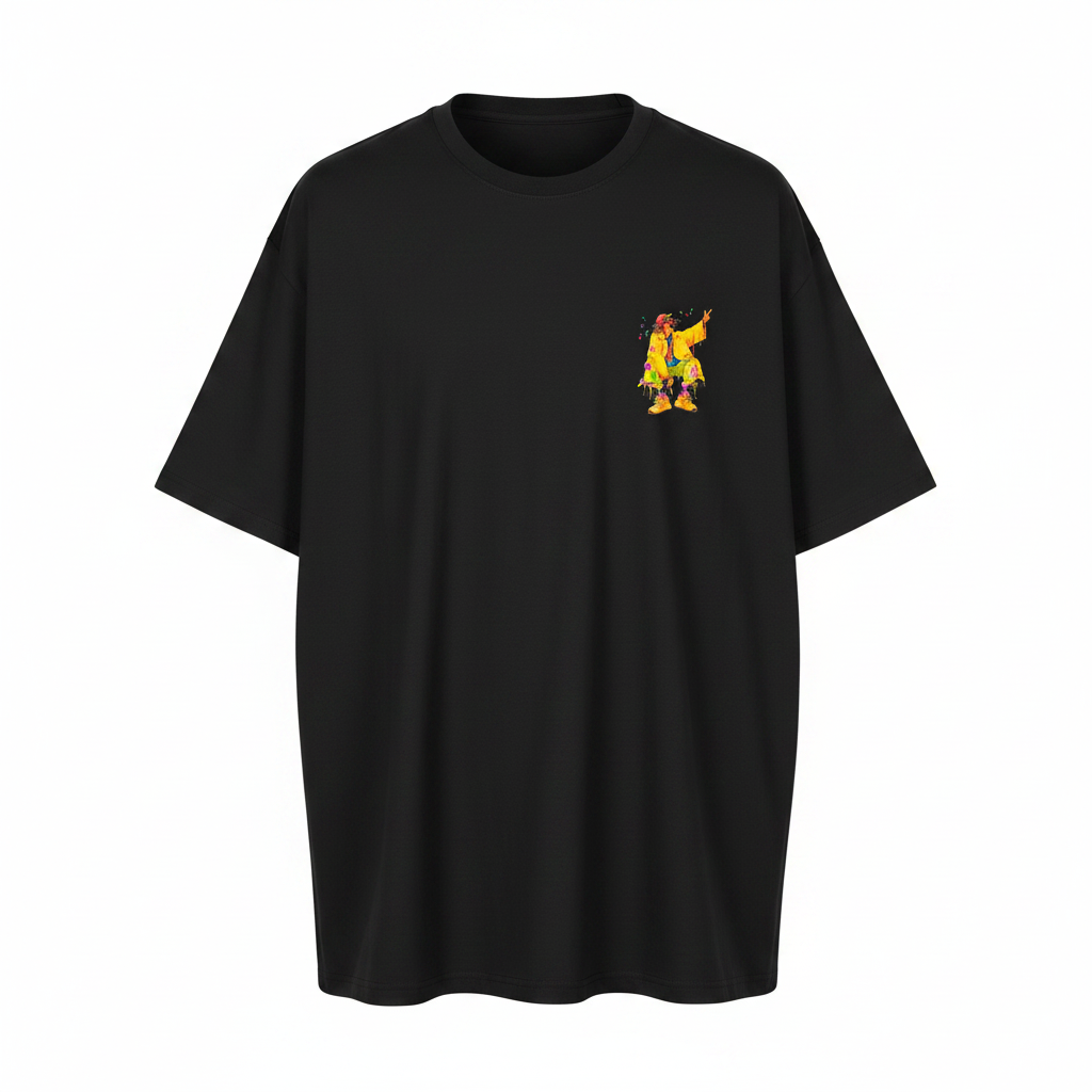 Unisex black pop-art streetwear character graphic tee – ghost mannequin front view