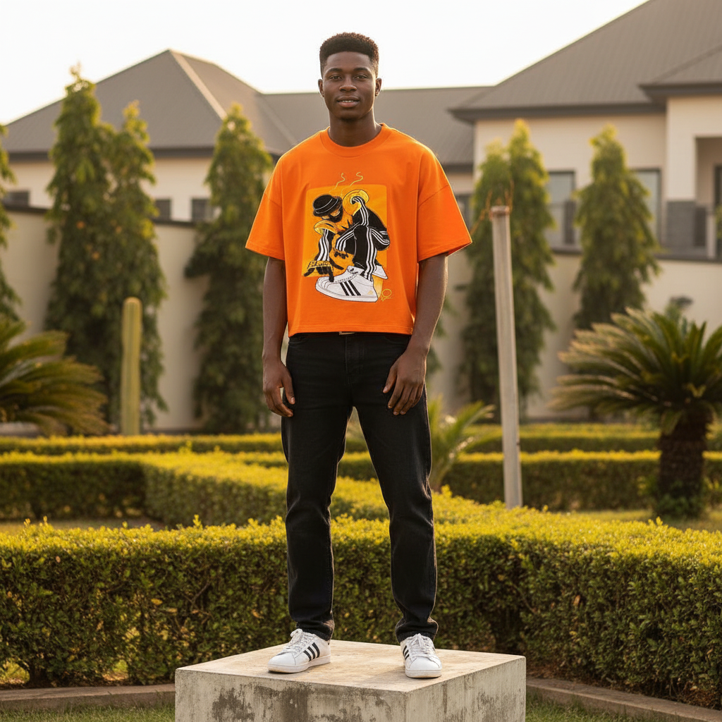 Men's Orange Cropped Oversized Illustrated Graphic T-Shirt – Nigerian Male Model Shot