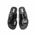 Men's all-black patent croc leather double-strap flat slide sandals ghost mannequin pair view