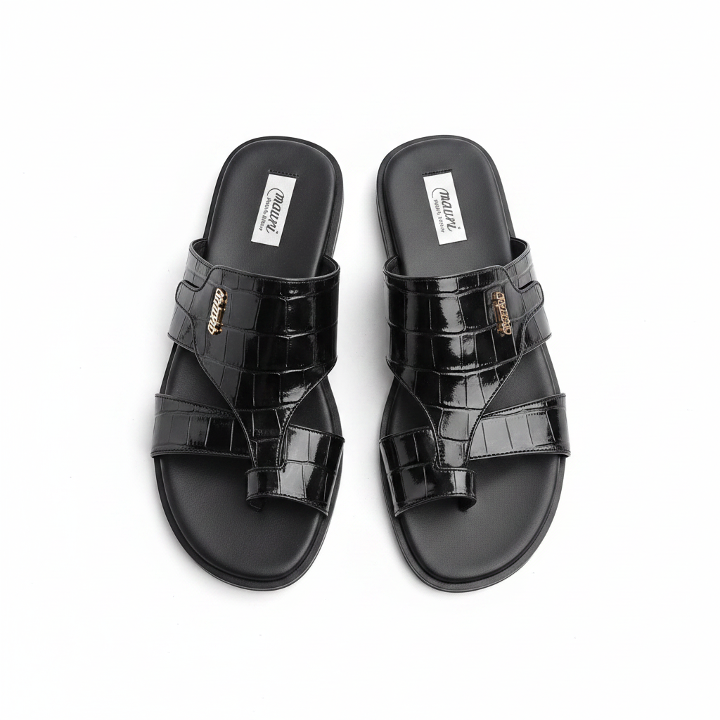 Men's all-black patent croc leather double-strap flat slide sandals ghost mannequin pair view