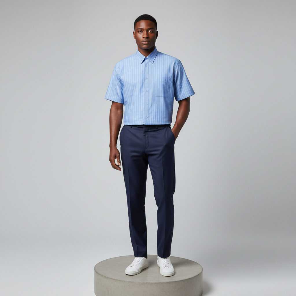 Blue Pinstripe Short-Sleeved Shirt - Model Shot