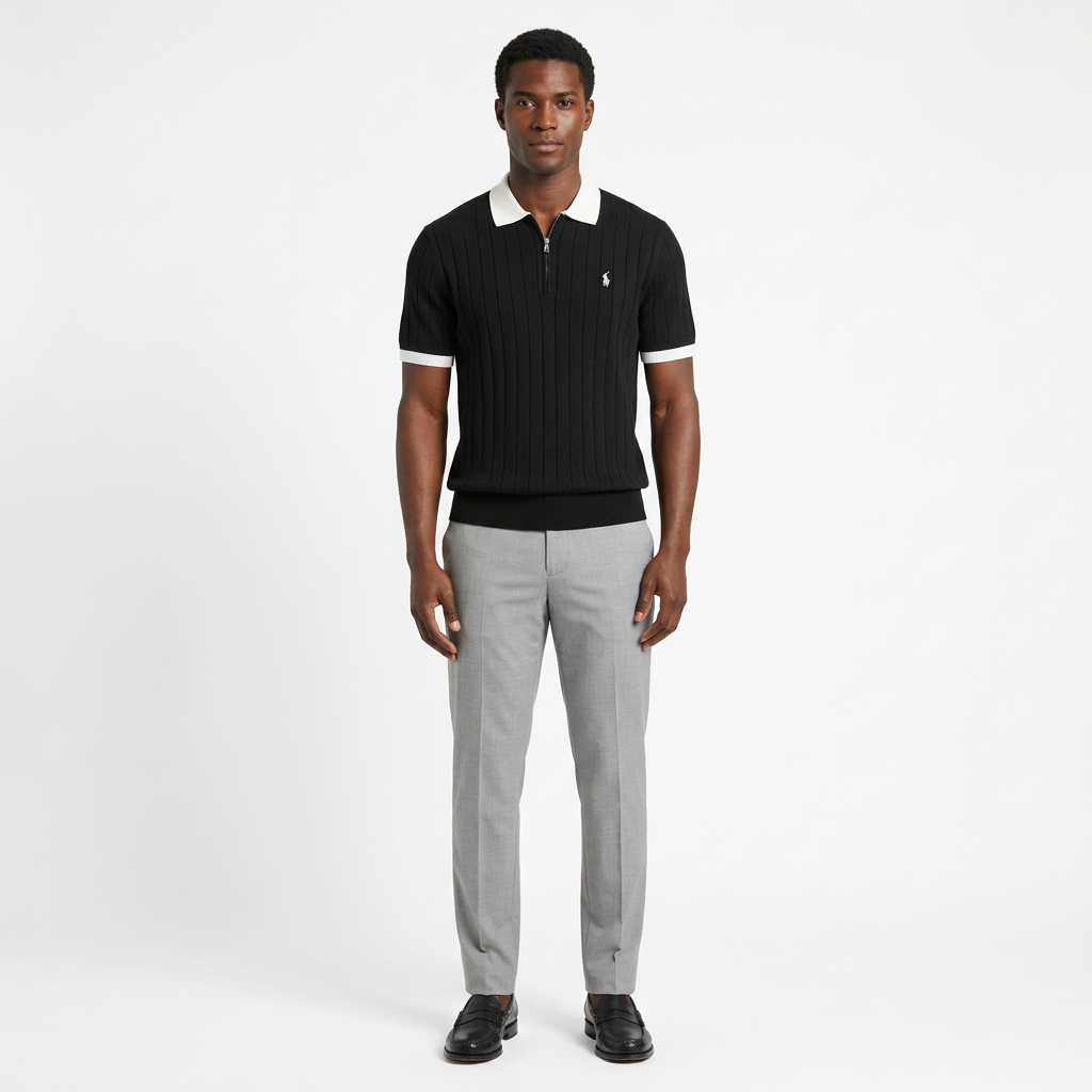 Full-body adult Black man wearing a black white-trim zip-neck polo