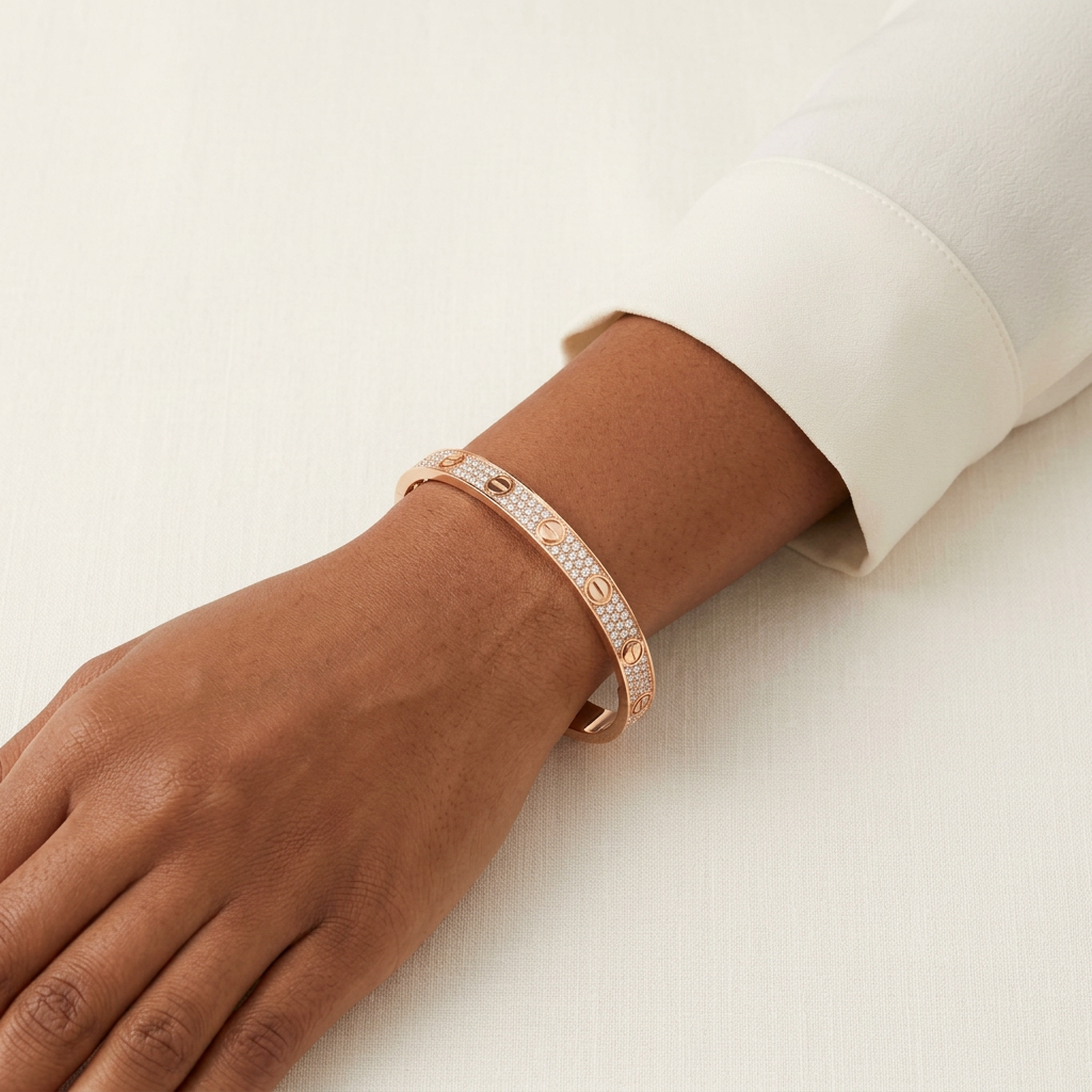 Rose-gold-tone stone-set bracelet worn on a model’s wrist