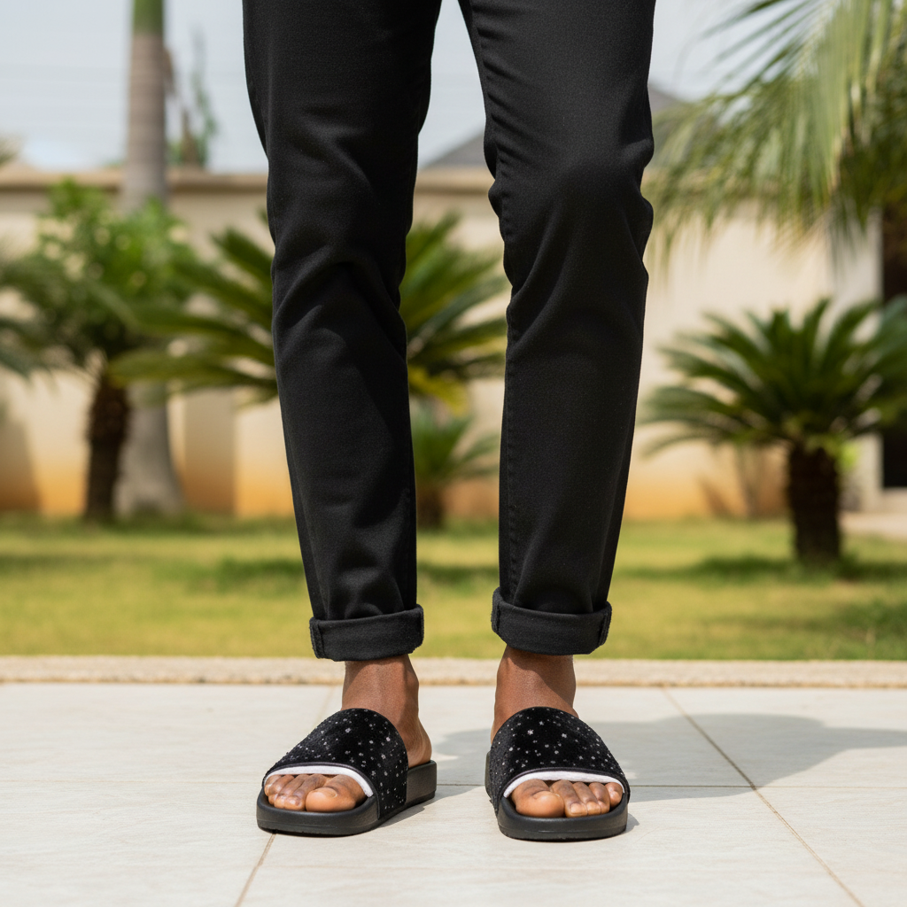 Nigerian male model wearing black crystal rhinestone slide sandals, both feet visible, casual Gen Z style in Nigerian garden setting