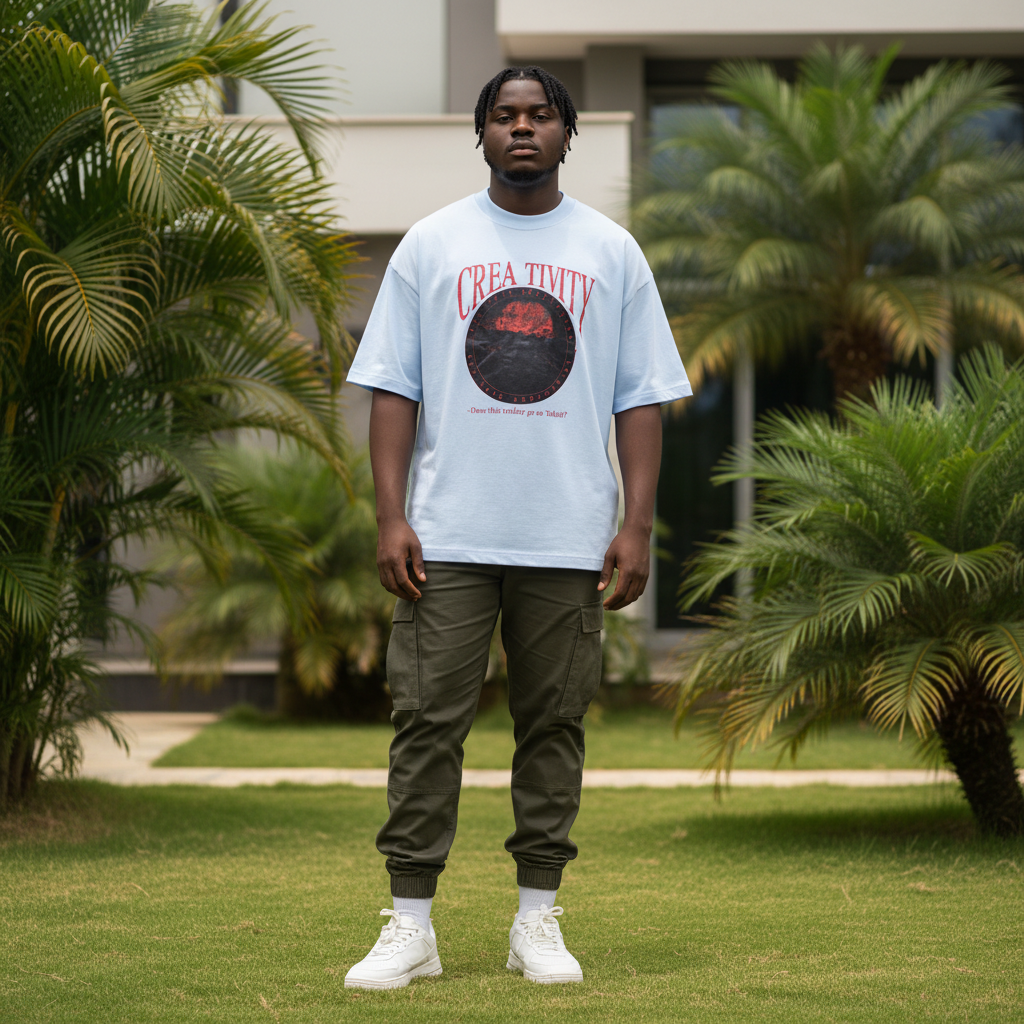 Men's Light Blue Oversized Creativity Graphic Tee – Nigerian Male Model Shot