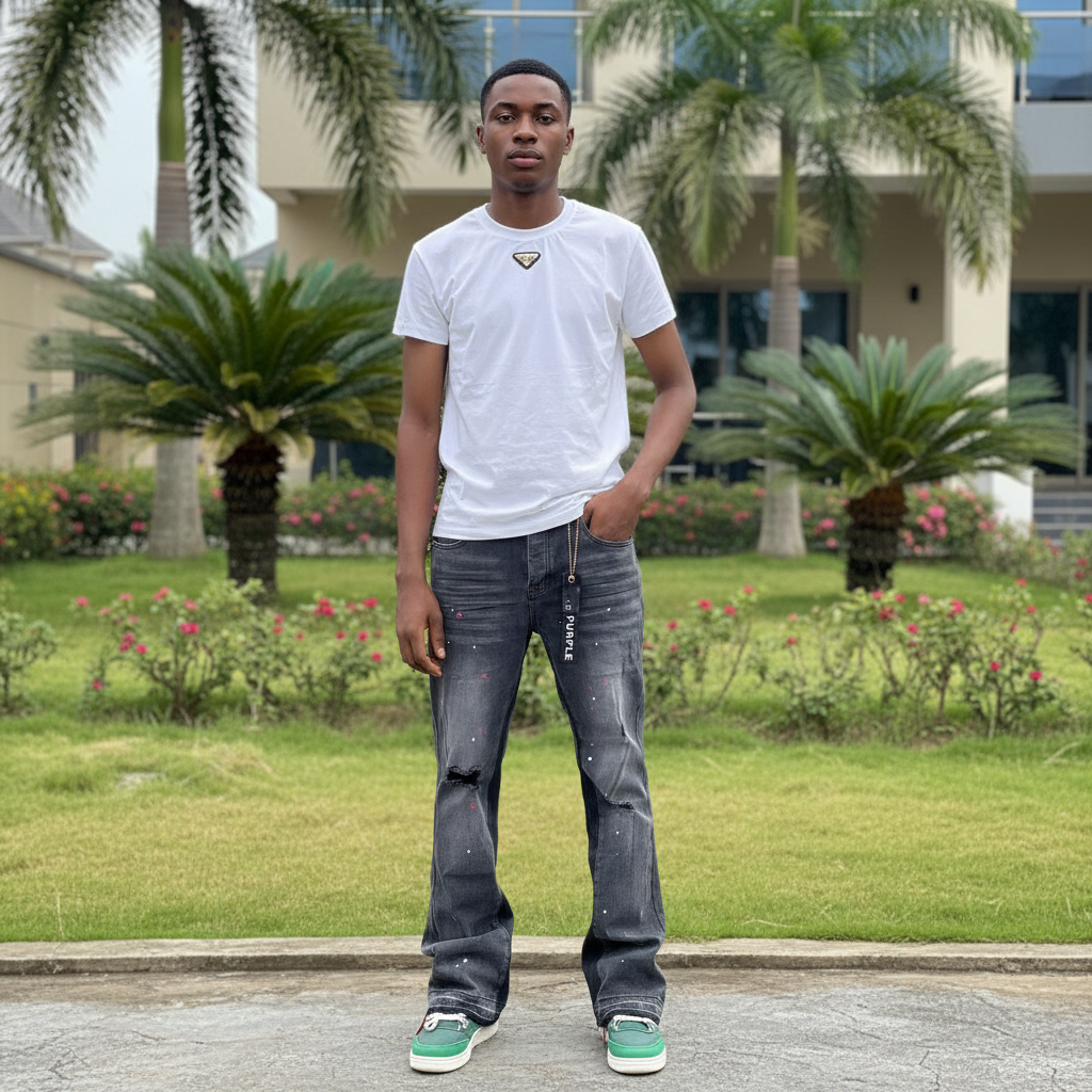 Men's Dark Grey Paint Splatter Flared Denim Jeans – Nigerian Male Model Shot