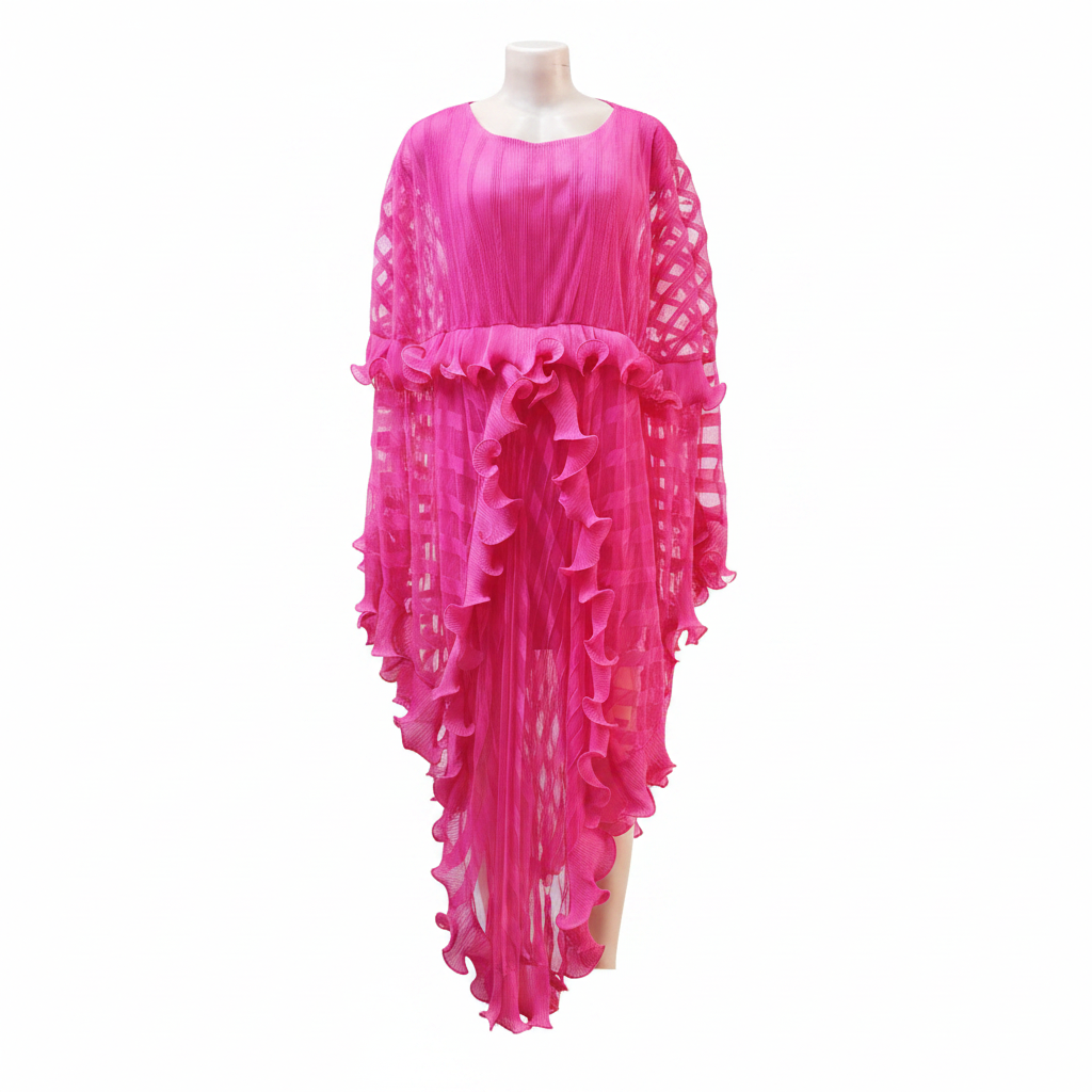 Ghost mannequin front view - hot pink pleated ruffle cascade dress