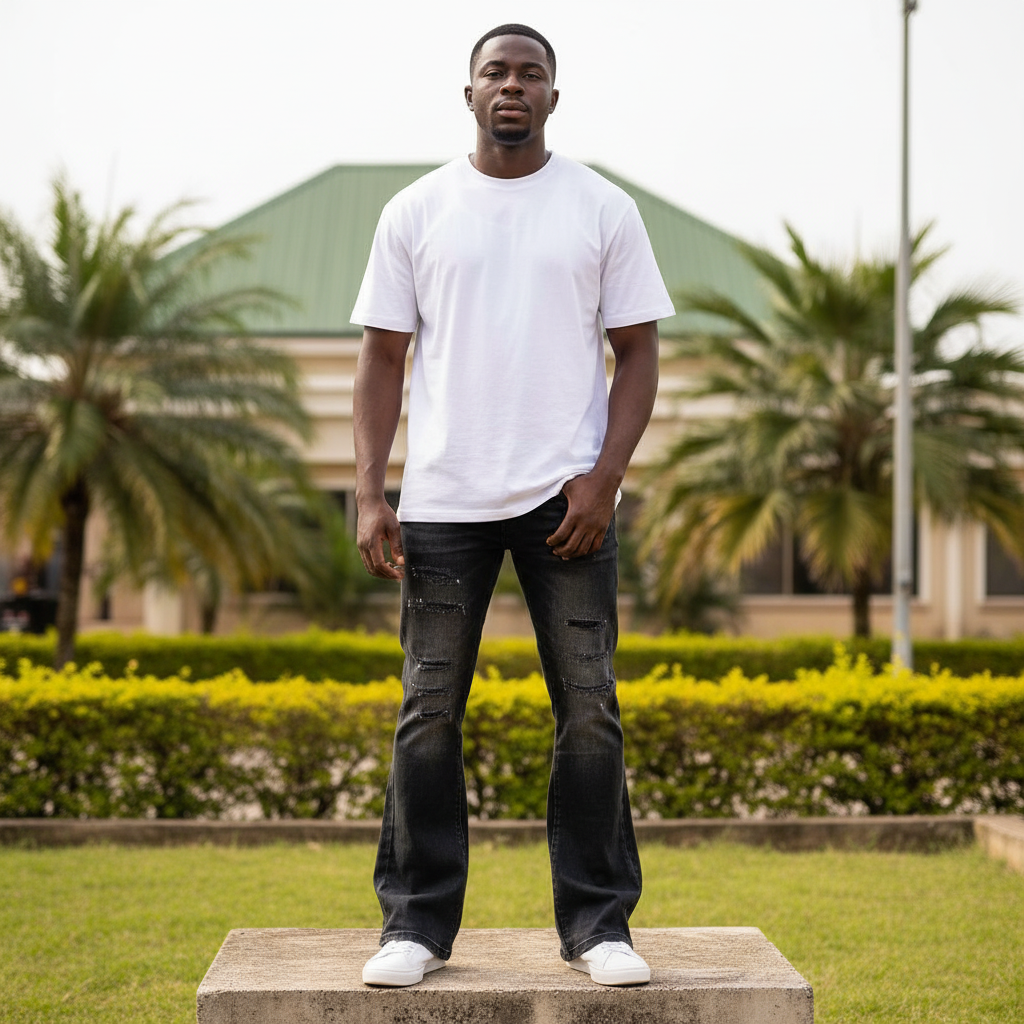 Nigerian male model wearing washed black distressed flare jeans – full body lifestyle shot