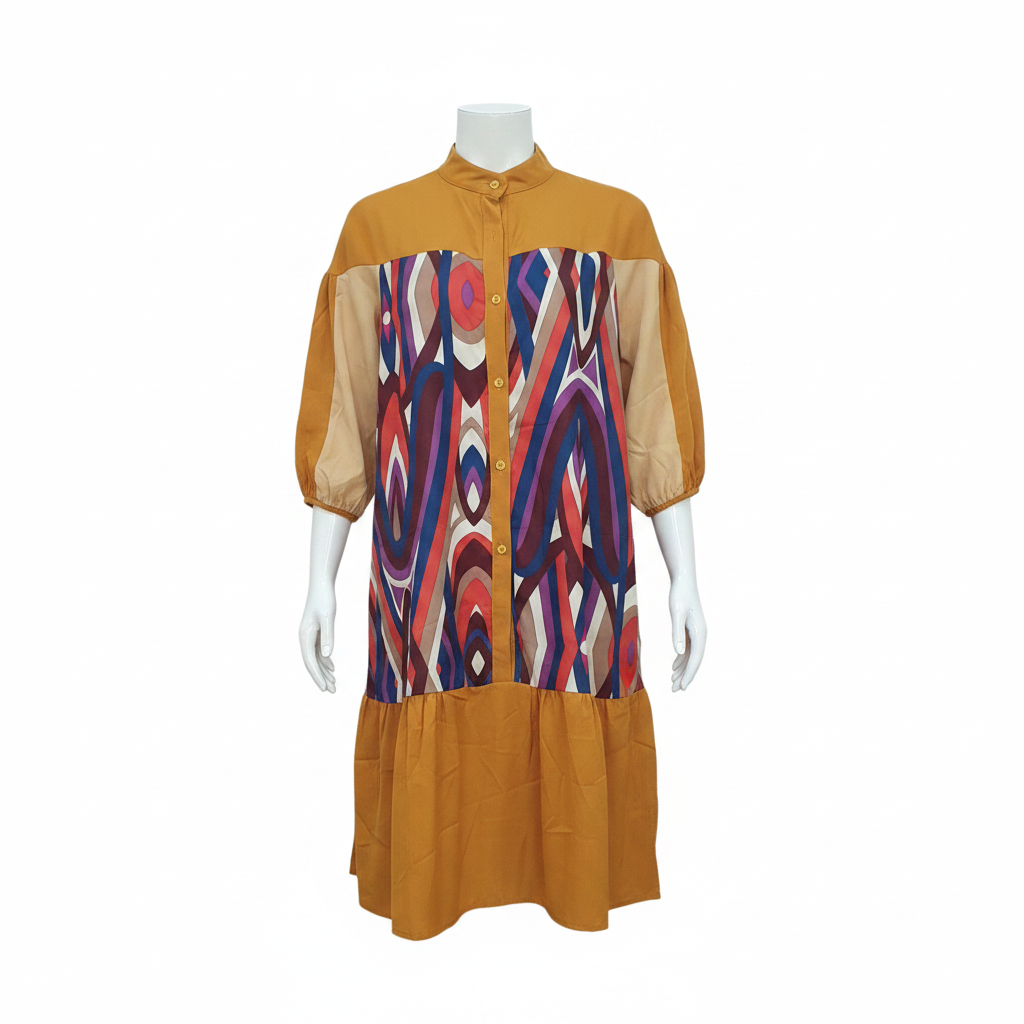 Mustard Abstract Print Shirt Dress - Ghost Mannequin Front View
