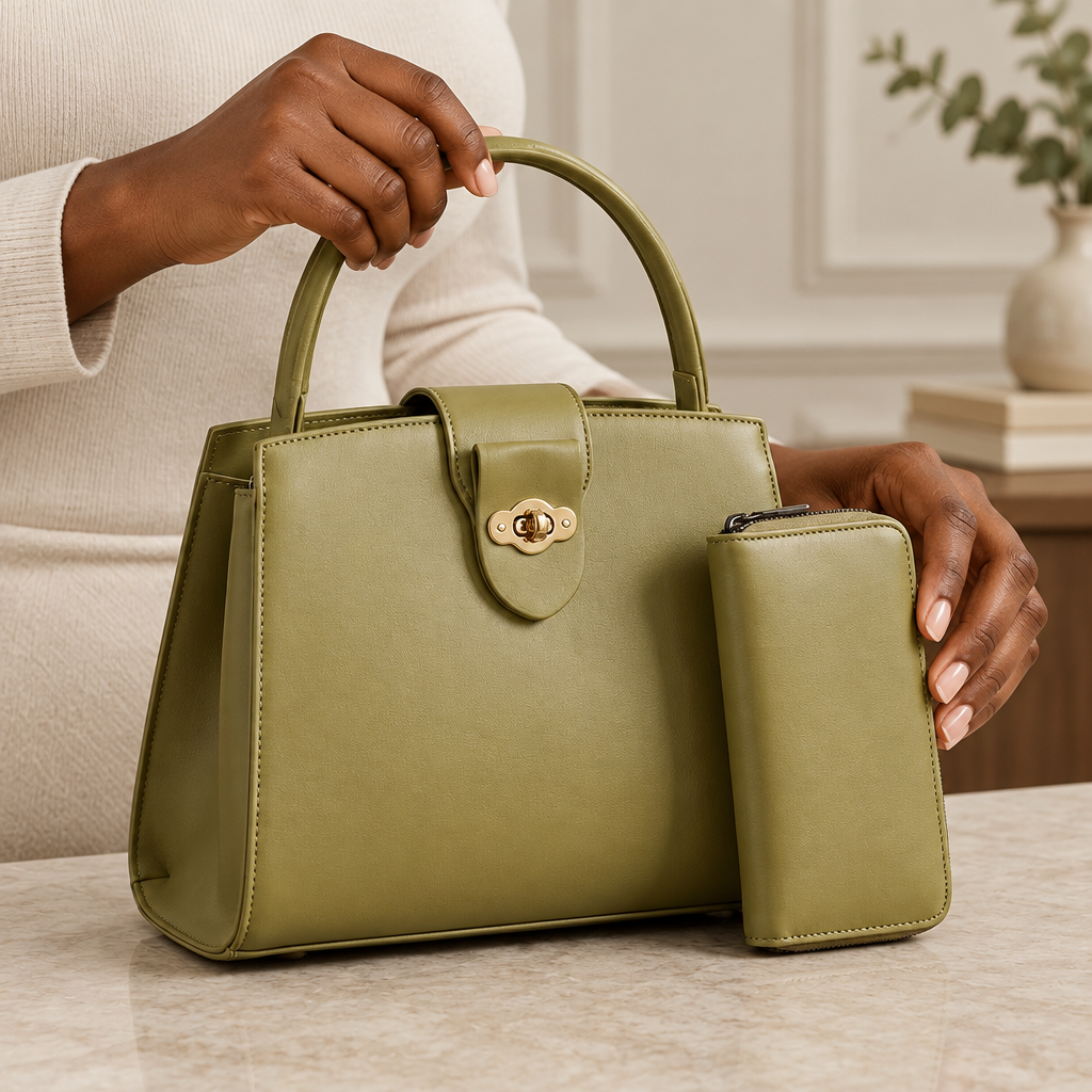Black model hands holding an olive green structured handbag with matching zip pouch