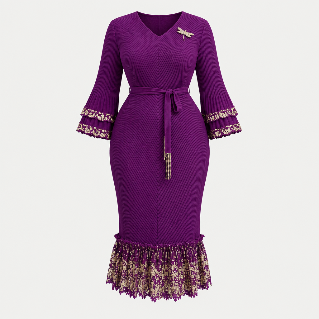 Purple gold-trimmed bell sleeve dress on invisible mannequin