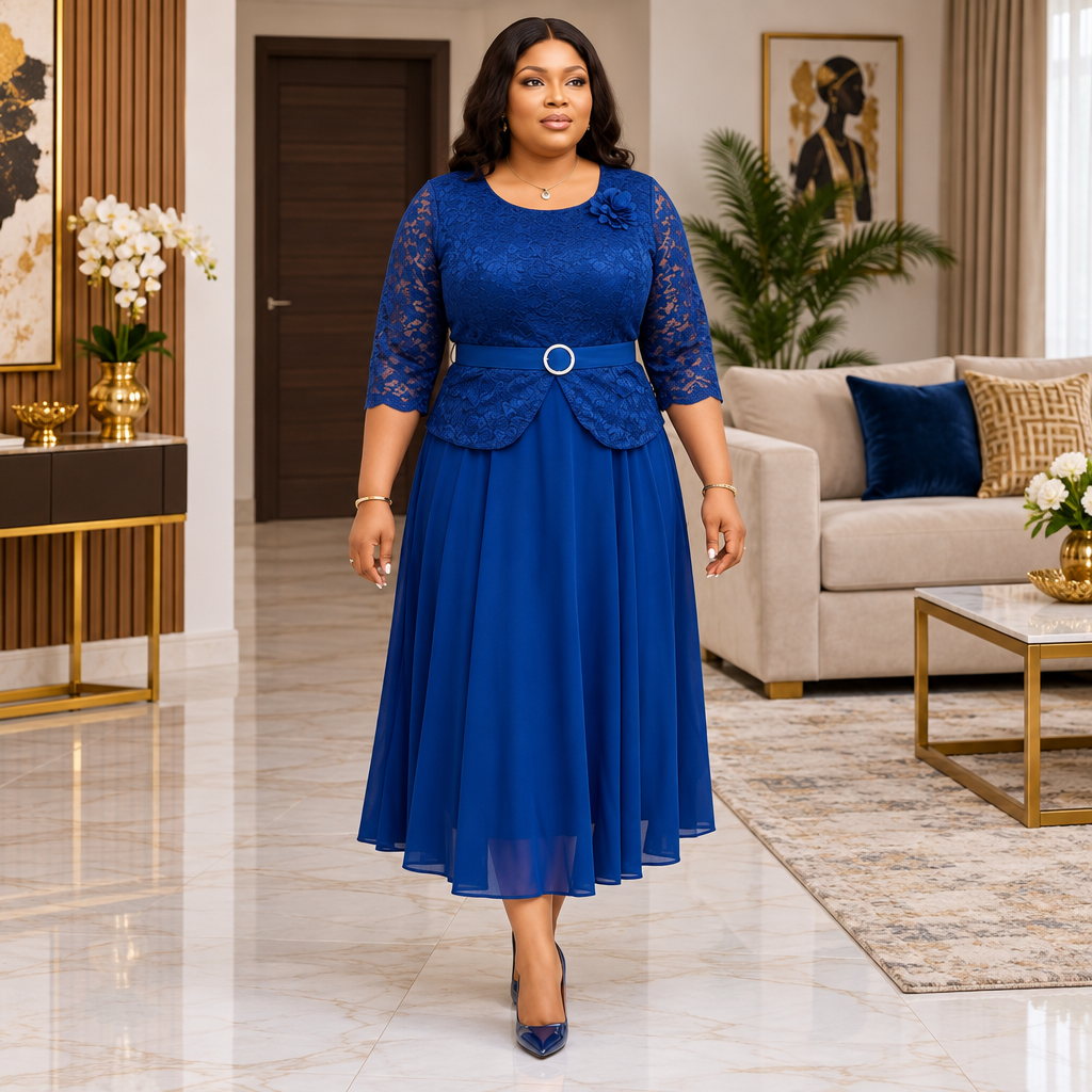 Woman wearing a royal blue lace peplum midi outfit