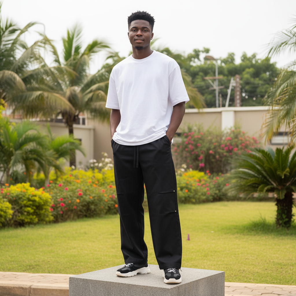 Nigerian male model wearing black wide-leg jogger pants with rivet detail streetwear outdoor