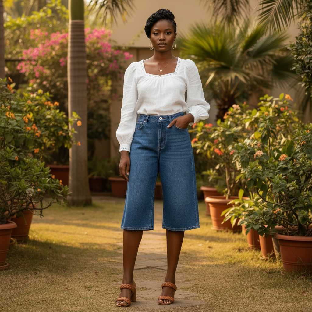 Dye Blue Denim Bermuda Shorts - Front Model View