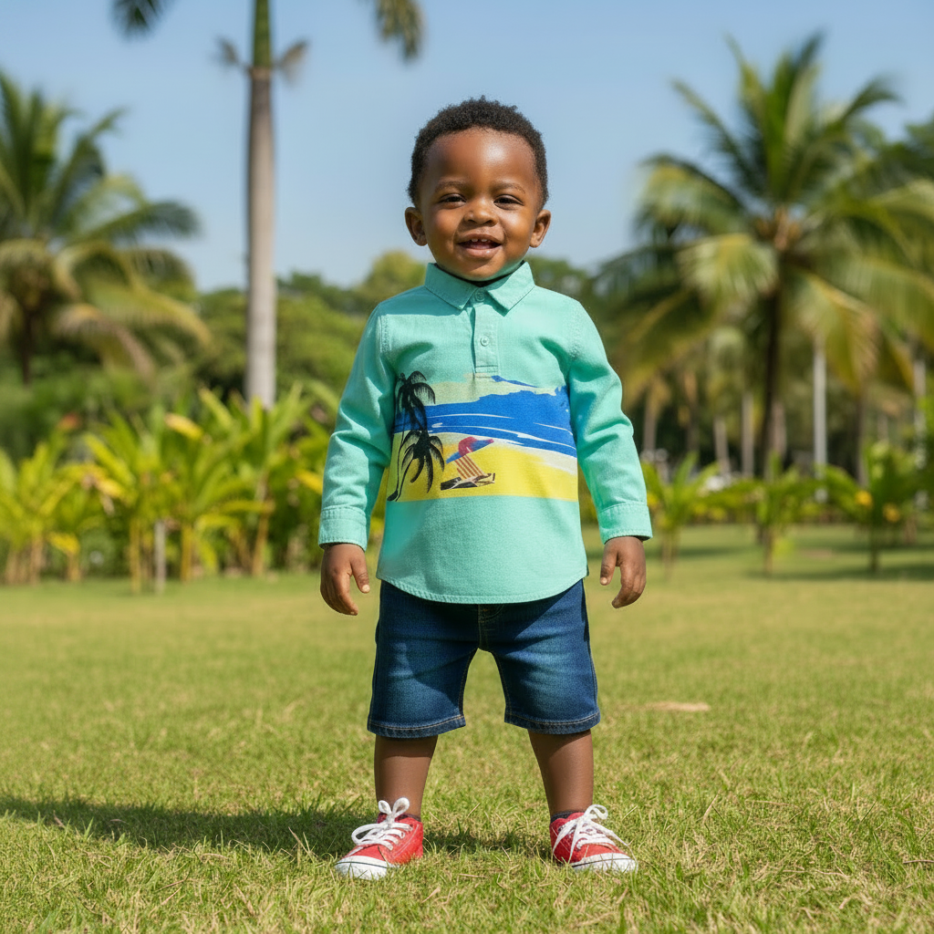 Boys' Tropical Beach Print Long Sleeve Shirt - Front Model View