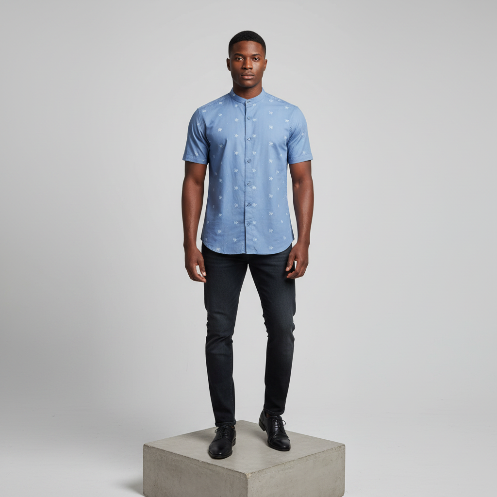 Nigerian male model wearing steel blue ditsy floral print short-sleeved shirt