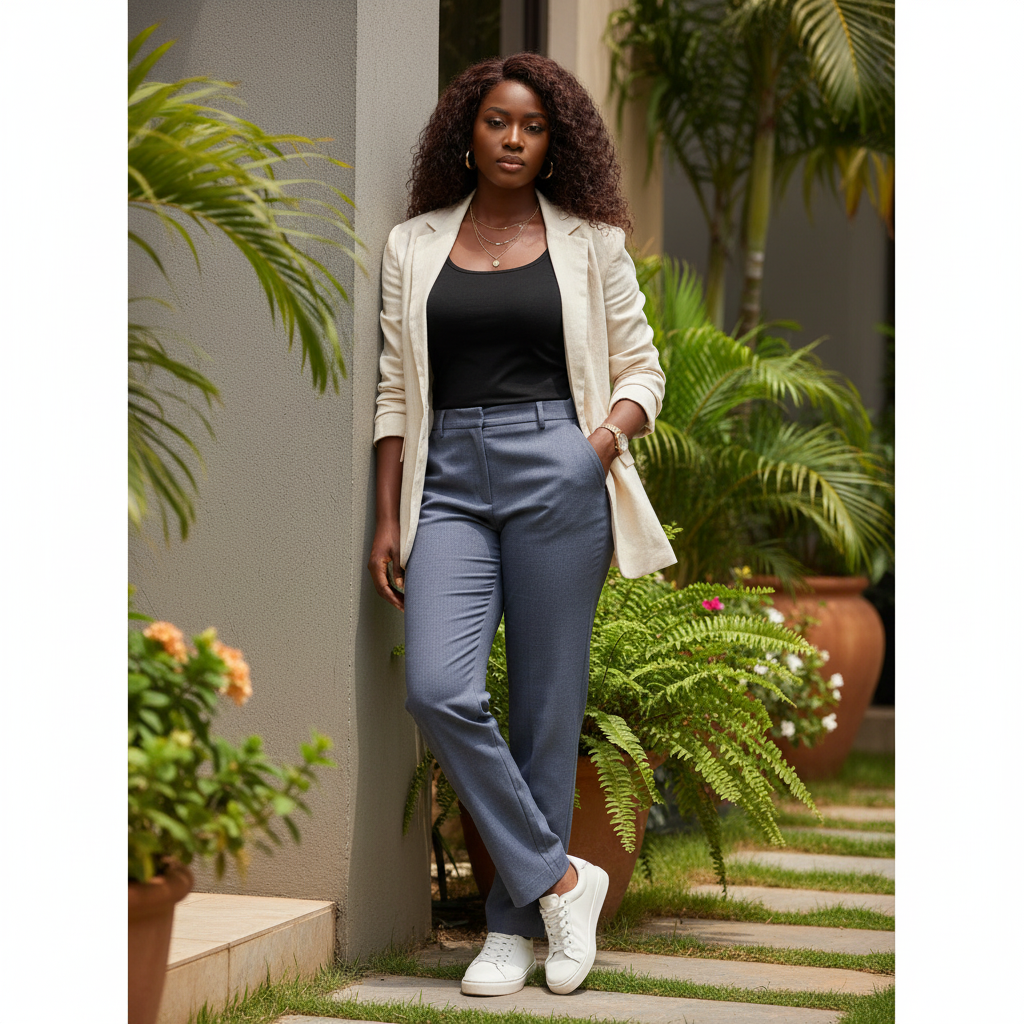 Nigerian female model wearing Unisex Slate Blue Straight-Leg Smart Trousers
