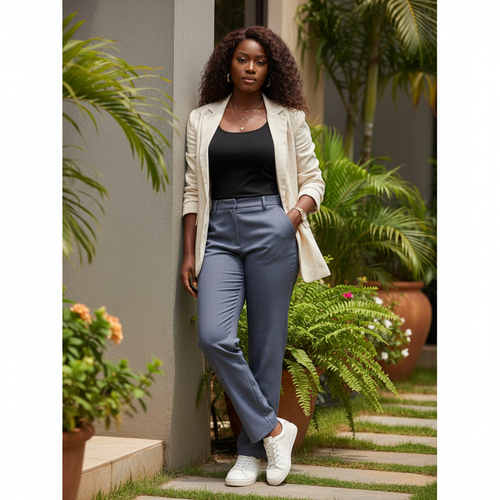 Nigerian female model wearing Unisex Slate Blue Straight-Leg Smart Trousers